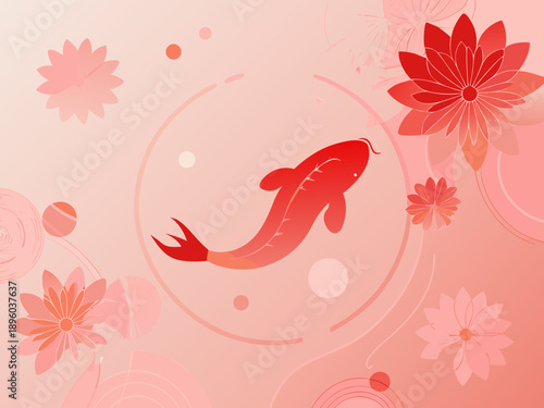 A vibrant red koi fish swims amidst pink lotus flowers and bubbles