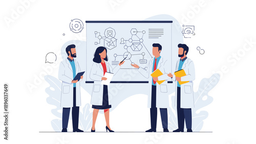 Team of medical researchers and doctors in lab coats discussing complex healthcare data and diagrams on a large presentation board.