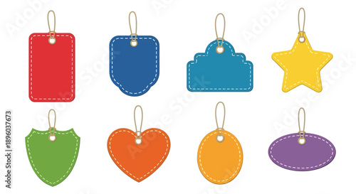 Colorful tags in various shapes displayed on a white background