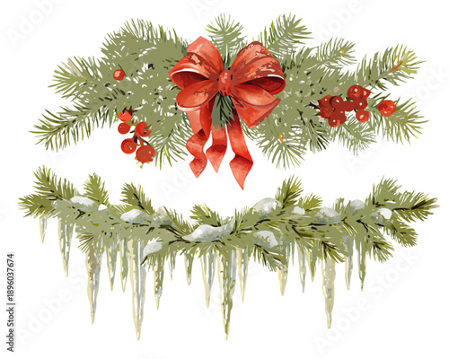 Watercolor christmas wreath with red bow berries and snowy branches