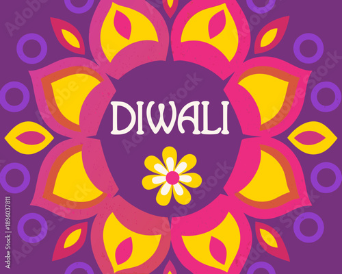 A vibrant diwali greeting featuring yellow and purple floral patterns