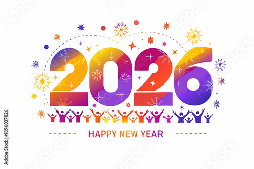 Colorful new year 2026 graphic with celebratory elements and festive people