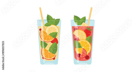 Two refreshing illustrated cocktails with fruit and mint garnishes displayed