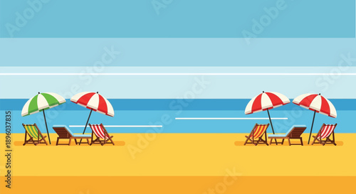 A serene beach scene featuring colorful umbrellas and lounge chairs