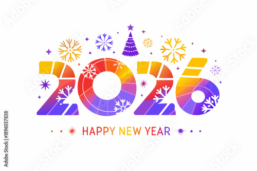 Festive new year graphic featuring the year 2026 and colorful decorations
