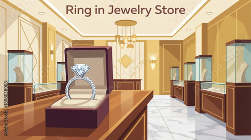 diamond engagement ring displayed inside a luxury jewelry store interior detailed cartoon vector illustration, designed for premium branding, advertising, and print use
