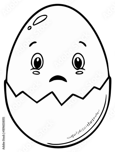 Sad cracked cartoon egg character with tears and a broken shell line art