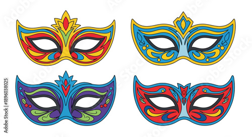 Four colorful venetian masks arranged in a grid pattern