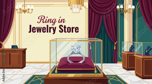 diamond engagement ring displayed inside a luxury jewelry store interior detailed cartoon vector illustration, designed for premium branding, advertising, and print use
