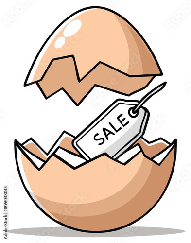 Cracked egg with a sale tag inside, representing discounted products and special holiday deals for consumers in retail promotion