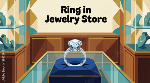 diamond engagement ring displayed inside a luxury jewelry store interior detailed cartoon vector illustration, designed for premium branding, advertising, and print use
