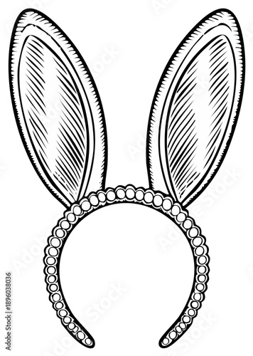 Black and white drawing of bunny ears headband with decorative beaded detail