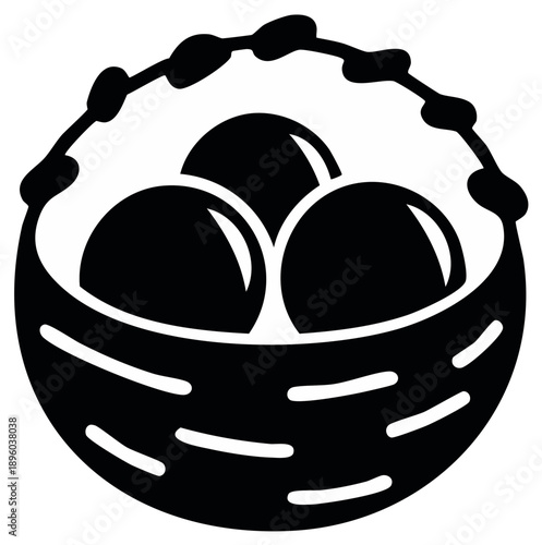 Black and white illustration of eggs in a basket