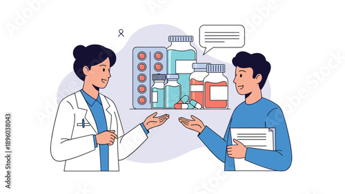 Female healthcare professional in a white coat explaining various medication options to a male patient in a modern clinical pharmacy setting.