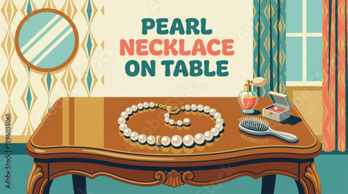 pearl necklace resting on an elegant vanity table, ideal for beauty branding, fashion catalogs, and editorial design cartoon vector illustration