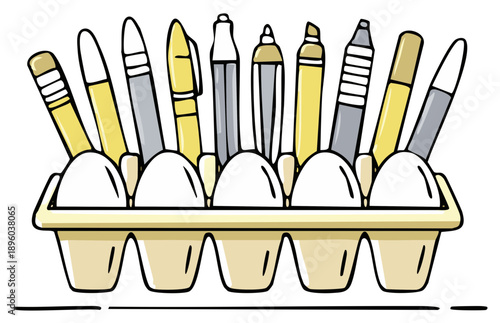 Assorted pens pencils and markers creatively stored in a beige egg carton illustration
