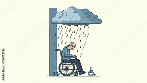 Elderly man in a wheelchair looking sad and depressed while sitting under a dark rain cloud as a metaphor for loneliness and mental health struggles.