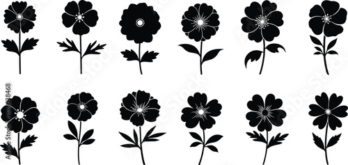 Twelve Hand Drawn Minimalist Black Floral Silhouette Icons and Decorative Garden Flower Vector Elements Isolated on White for Greeting Card Design