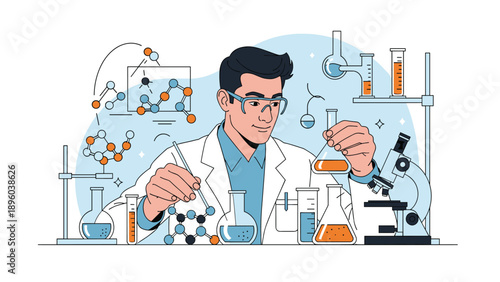 Focused male scientist wearing safety glasses and a lab coat working with chemical flasks and molecular models in a professional research laboratory.