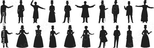 Vintage Victorian Silhouettes Collection of Men and Women in Period Costumes Top Hats and Dresses Isolated on Plain White Background
