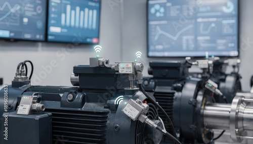 Closeup medium view of IoT vibration and temperature sensors attached to motors and pumps wirelessly transmitting critical operational data to digital maintenance dashboards.