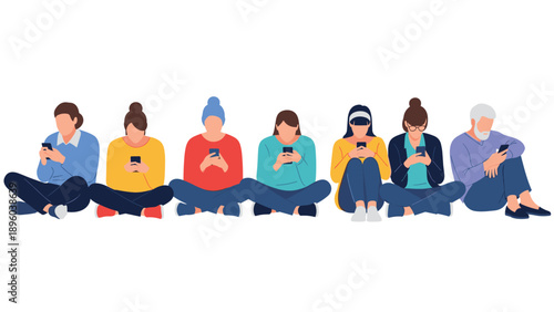 Row of diverse young and old people sitting on the ground and looking down at their smartphones representing modern technology use and social habits.