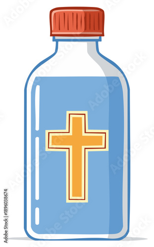 Stylized holy water bottle with a golden Christian cross graphic for spiritual blessing and purification