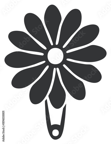 Minimalist daisy flower icon on a safety pin brooch illustration