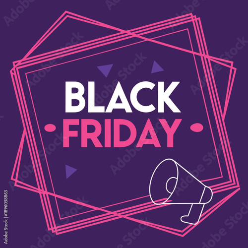 Black Friday sale announcement and promotion with megaphone and abstract geometric elements