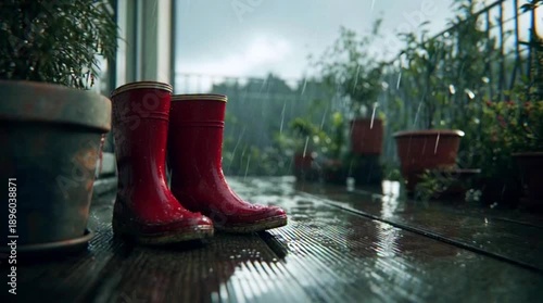 Rain soaking red rubber boots left on the terrace, water dripping, soft cloudy light
