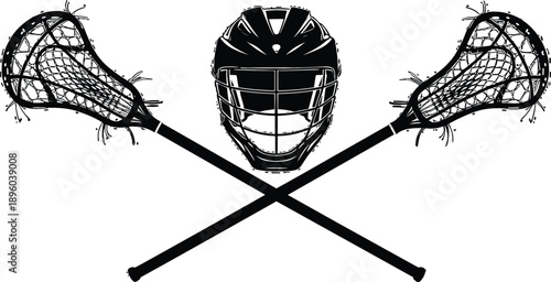 Professional lacrosse equipment silhouette featuring crossed sticks and a protective helmet for school sports team branding and logos