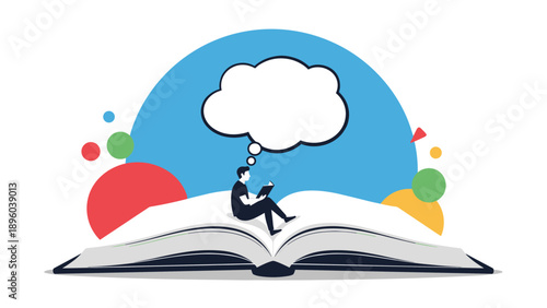 Young man sitting on top of a giant open book and thinking deeply with a blank thought bubble representing imagination education and storytelling.