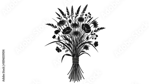 Black and White Wildflower Bouquet Illustration.