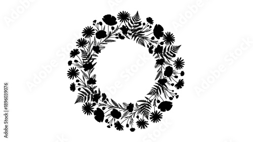 Black Floral Wreath with Leaves and Flowers.