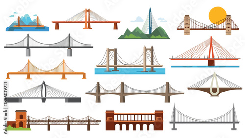 Assortment of different architectural bridge designs including suspension cable-stayed and arch bridges for civil engineering and urban planning.
