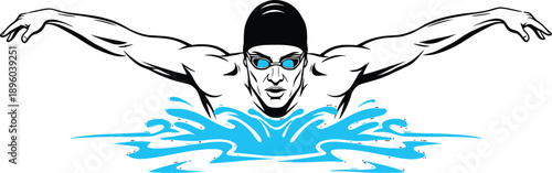 Modern line art illustration of a male swimmer in butterfly stroke with bright cyan water splashes and goggles