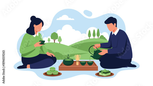 Young couple sitting on the grass in a peaceful park and enjoying a traditional japanese matcha tea ceremony with green tea and sweet desserts.