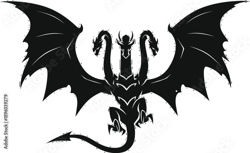 Powerful three-headed dragon mythical creature silhouette with large spread wings and sharp tail for fantasy gaming logos