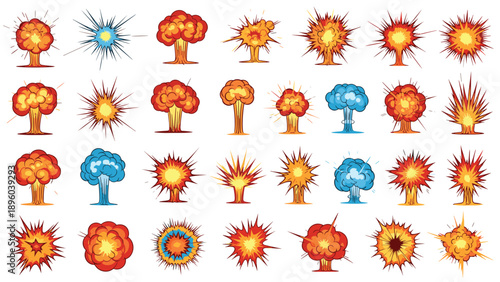 Large set of various colorful explosion effects including smoke clouds fire bursts and bright sparks for action and comic book style design work.