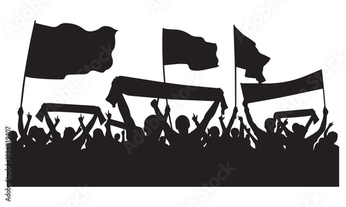Silhouette of a large crowd of people protesting, holding flags and banners during a public demonstration.