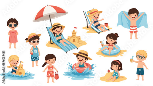 Group of diverse happy children playing on a sandy beach during summer vacation building sandcastles and splashing in the blue ocean water.