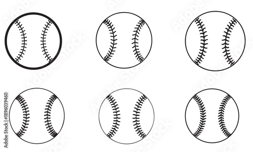 Set of six simple black outline baseballs, one with a bold outline, on a clean white background.