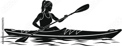 Black silhouette illustration of a female athlete paddling a kayak on water for outdoor adventure and fitness branding