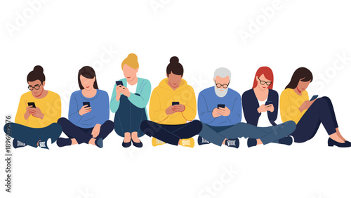 Group of diverse people sitting in a row and using their mobile phones representing the impact of digital technology on social interaction and life.