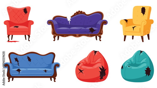 Collection of various damaged and ripped furniture pieces including sofas and armchairs with holes and worn out upholstery for repair concepts.
