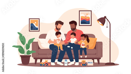 Happy same-sex male couple sitting on a sofa with their three young children in a cozy living room representing modern family life and diversity.