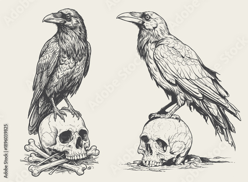 Raven standing on human skull detailed black and white illustration