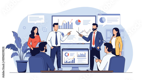 Business professionals analyzing financial data and growth charts on a white board during a strategic planning meeting in a modern office boardroom.