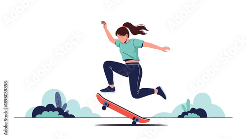 Young girl wearing casual clothes performing an impressive kickflip trick on her skateboard in a park with green bushes and a clean background.