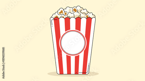 Classic red and white striped bucket filled with delicious buttered popcorn for a cinema movie night or theater snack food concept illustration.